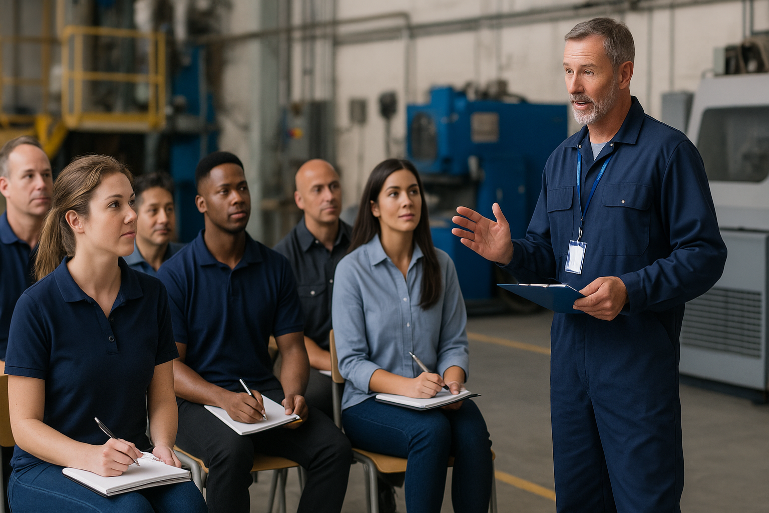 Grupo de profissionais participando de curso de capacitação em ambiente industrial, com instrutor orientando a turma.