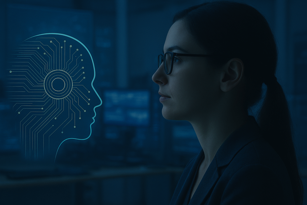 Mulher profissional observa uma interface de inteligência artificial com circuitos digitais em ambiente industrial moderno.