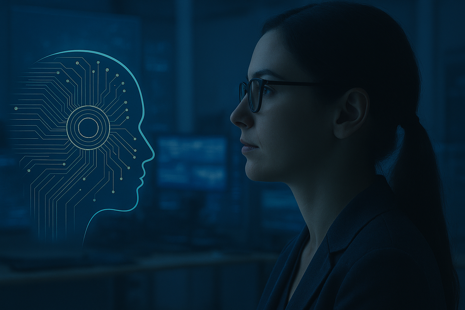 Mulher profissional observa uma interface de inteligência artificial com circuitos digitais em ambiente industrial moderno.